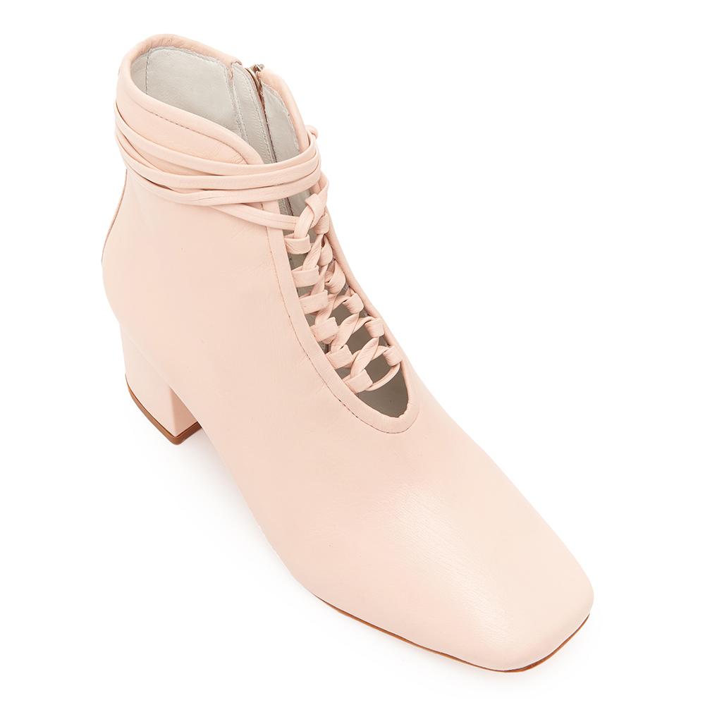 Daniella Shevel Cleo Pastel Pink Leather Bootie with Low Heel and Pastel Pink Laces Angle View