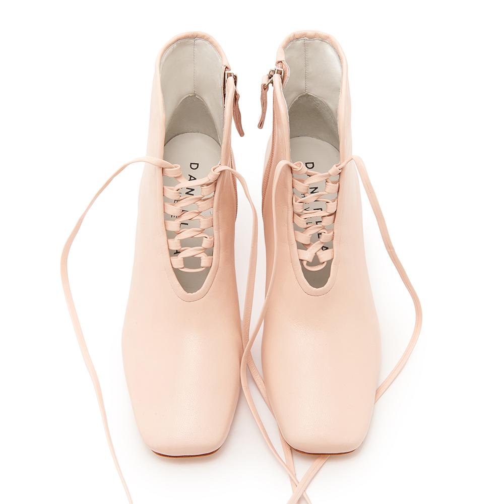 Daniella Shevel Cleo Pastel Pink Leather Bootie with Low Heel and Pastel Pink Laces Front View
