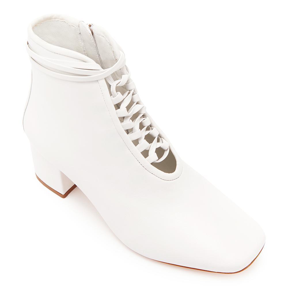 Daniella Shevel Cleo White Leather Bootie with Low Heel and White Laces Angle View