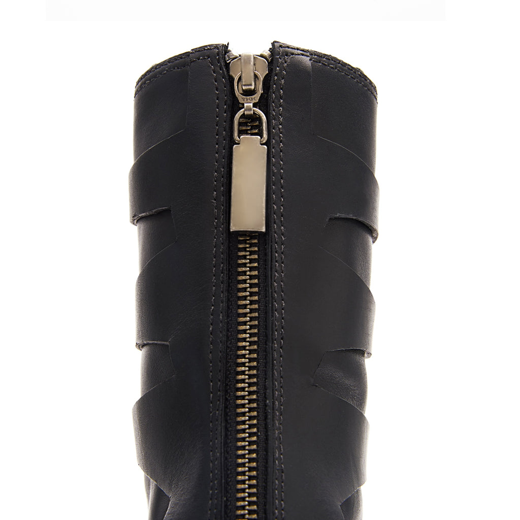 Daniella Shevel Moss Motorcycle Boot in Black Back Zipper View With Chrome hardware