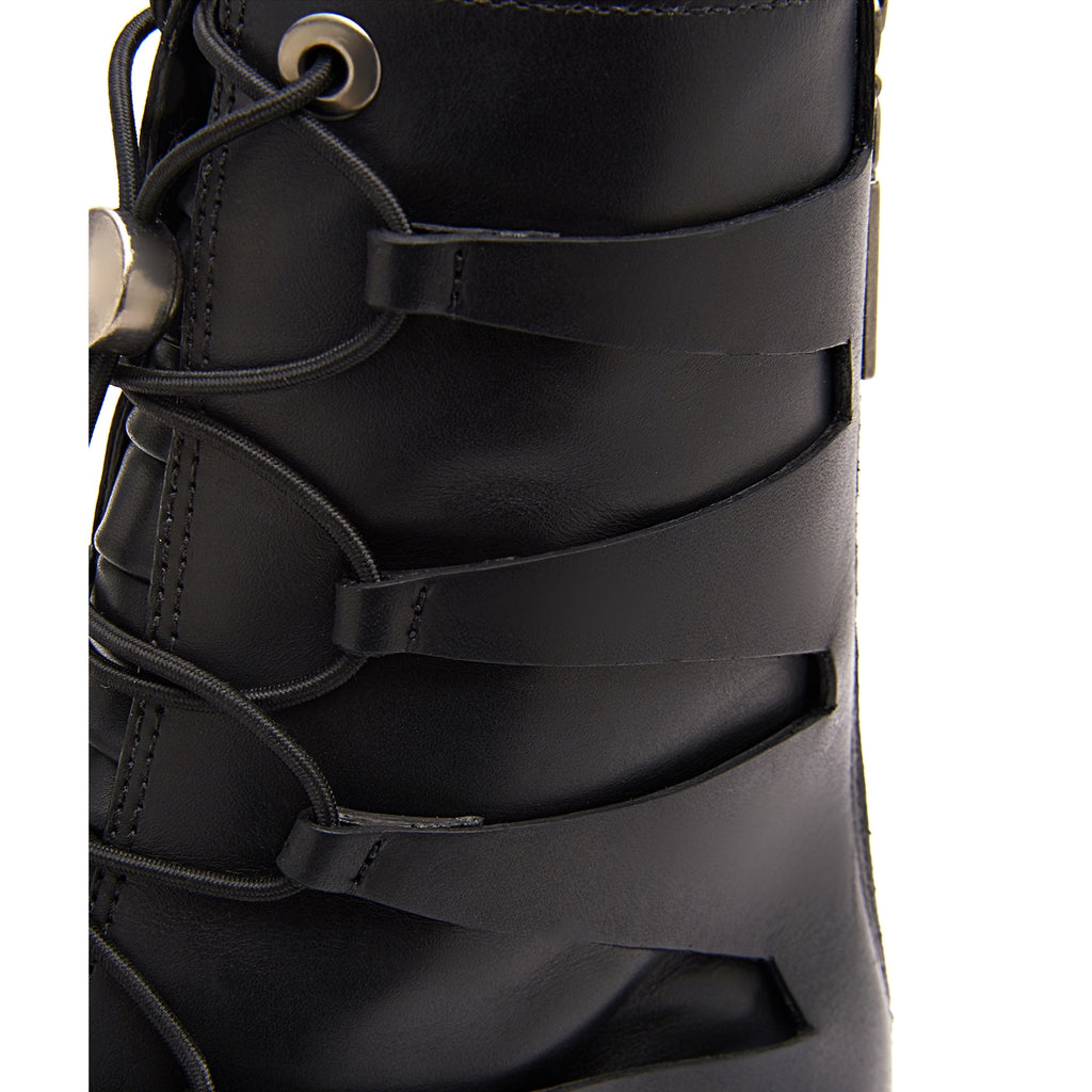 Daniella Shevel Moss Motorcycle Boot in Black Close Up Leather cut out View With Chrome hardware