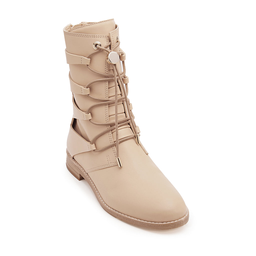 Daniella Shevel Moss Motorcycle Boot in Light Cream Camel With Gold hardware adjustable stretch laces and leather cut outs