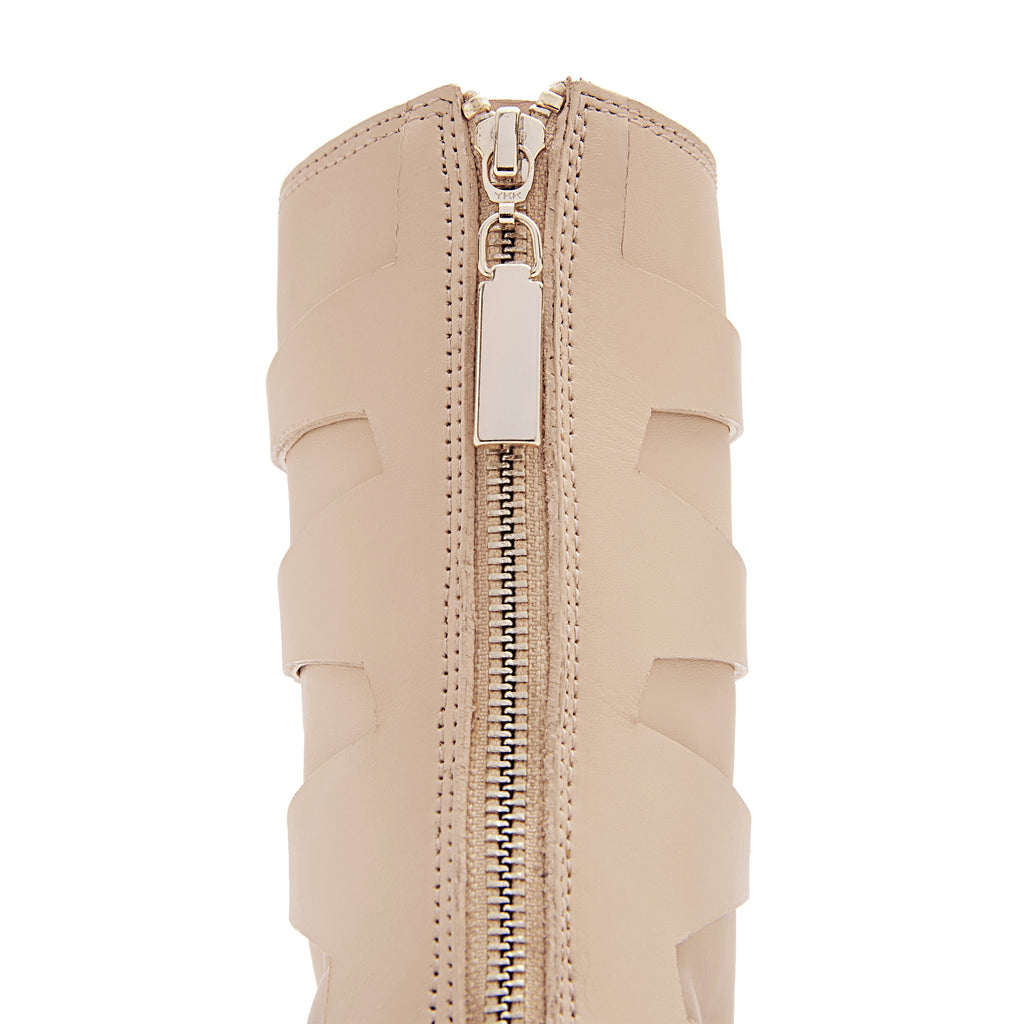Daniella Shevel Moss Motorcycle Boot in Cream Camel Back zipper View With Gold hardware adjustable stretch laces