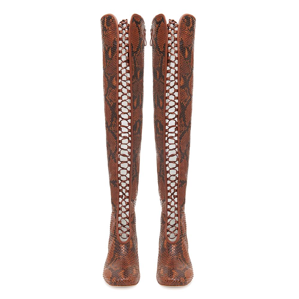 Daniella Shevel Koa Brown Printed Snake leather Boot with Low Heel and brown Laces over the knee high rise front View