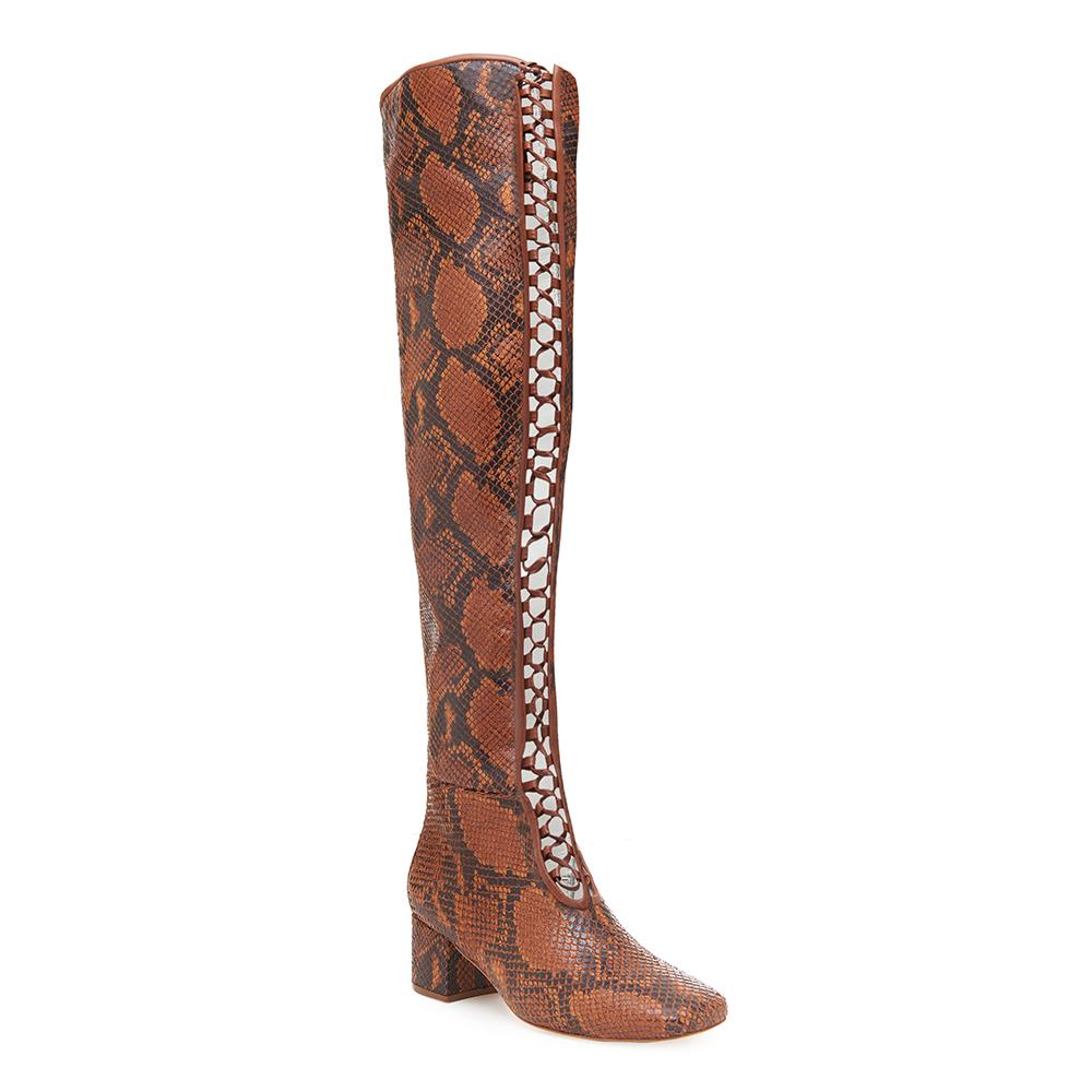 Daniella Shevel Koa Brown Printed Snake leather Boot with Low Heel and brown Laces over the knee high rise detail View